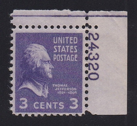 # 807 (1938) Jefferson, lt violet - Plt sgl, UR #24320, MLH