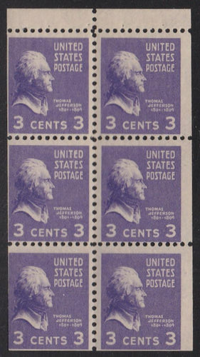 # 807a (1939) Jefferson - Bklt pane, 3mm gutter, FVF MNH