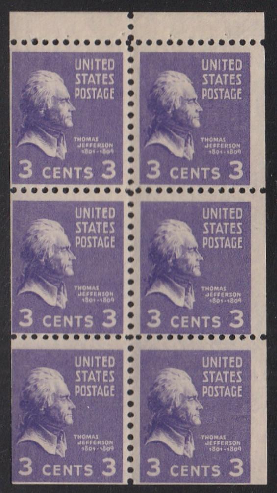 # 807a (1939) Jefferson - Bklt pane, 3mm gutter, FVF MNH