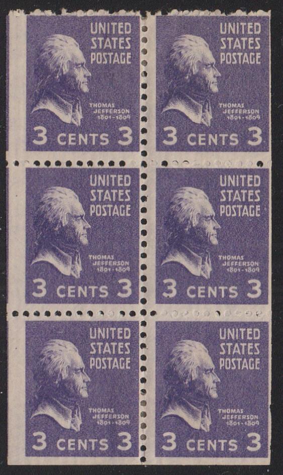 # 807a (1939) Jefferson - Bklt pane, 3mm gutter, No Tab, FVF MNH