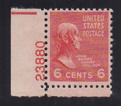 # 811 (1938) JQ ADAMS, red orange - Plt sgl, LL #23880, MLH