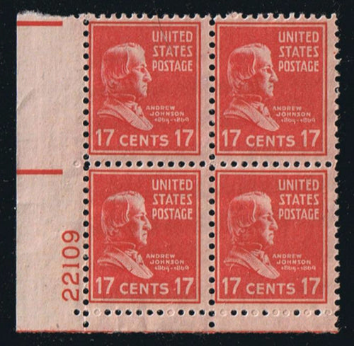 # 822 (1938) Johnson, rose red - PB, LL #22109, F MNH