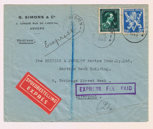 Belgium (1945) Special Delivery to England - Cover