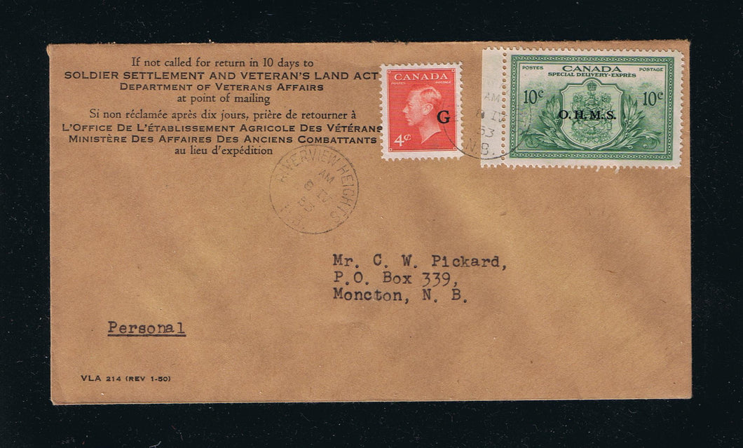 Canada EO1, O29 Official Mail Special Delivery Veterans Affairs Cover