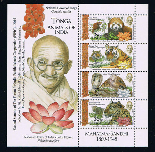Tonga (2016) Gandhi and Animals of India Souvenir Sheet