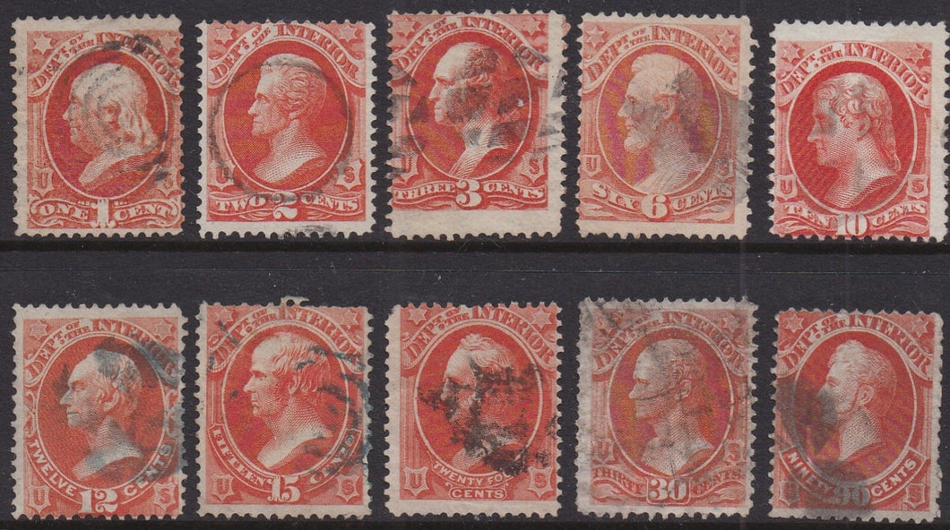 O15-O24 (1873) Official Mail, Interior - Sgls, Set/10, Used, VG
