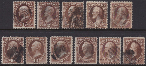 O72-O82 (1873) Official Mail, Treasury - Sgls, Set/11, Used, F+