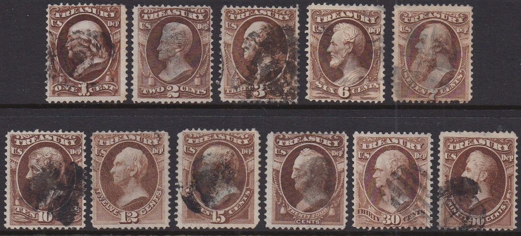 O72-O82 (1873) Official Mail, Treasury - Sgls, Set/11, Used, F+