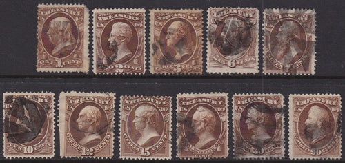 O72-O82 (1873) Official Mail, Treasury - Sgls, Set/11, Used, VG