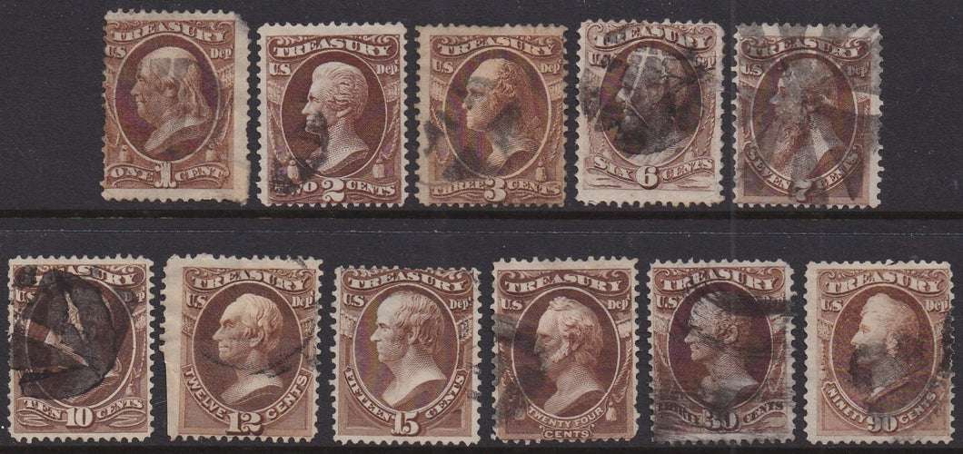 O72-O82 (1873) Official Mail, Treasury - Sgls, Set/11, Used, VG