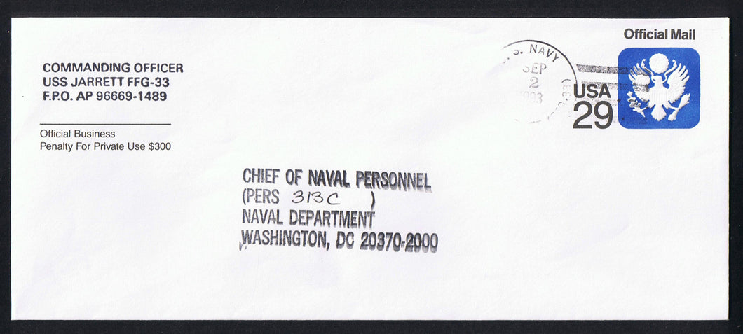 # UO84 (1991) Official Mail Stationery - USED, USS Jarrett