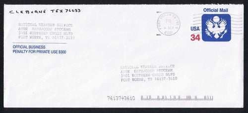 # UO90 (2001) Official Mail Stationery - USED, Cleburne, TX