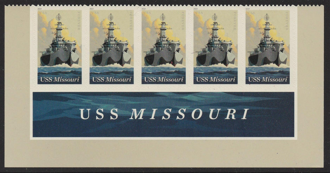 # 5392 (2019) USS Missouri - Strip/5, w/Bottom Label, MNH