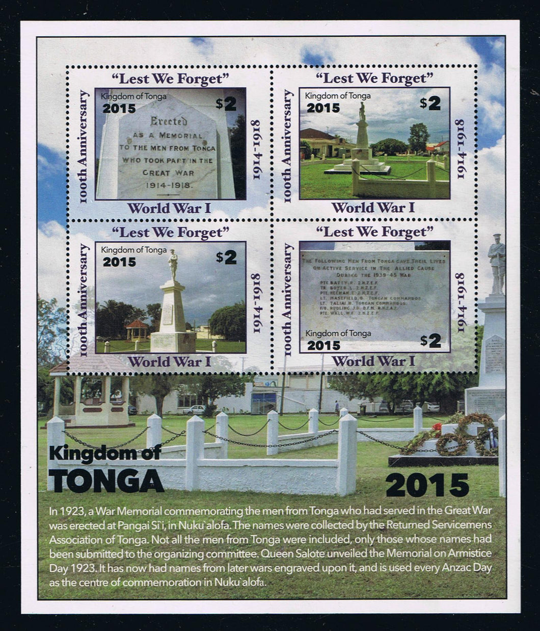 Tonga (2016) 75th Anniversary of World War I Souvenir Sheet